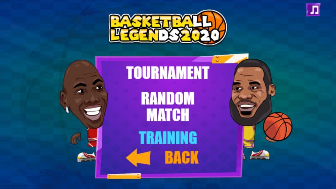 Basketball Legends solo menu with Tournament, Random Match, and Training