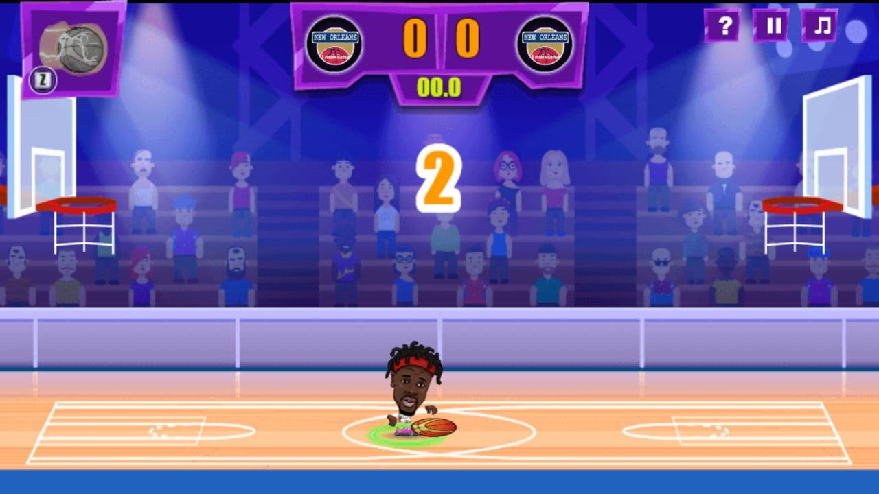 Basketball Legends training court with score display and player holding a ball