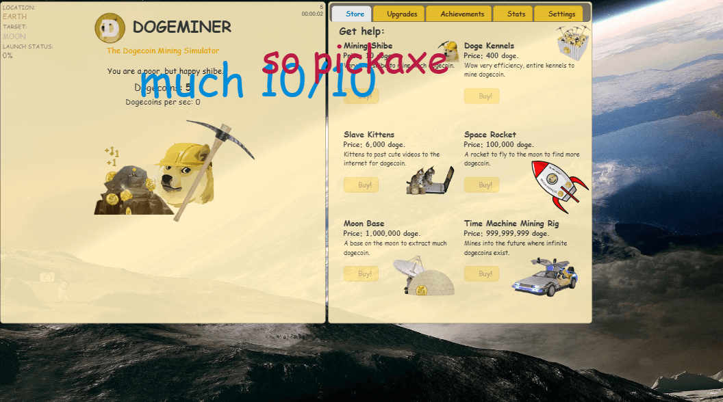 Doge Miner game after clicks with dogecoins earned and the upgrade store open
