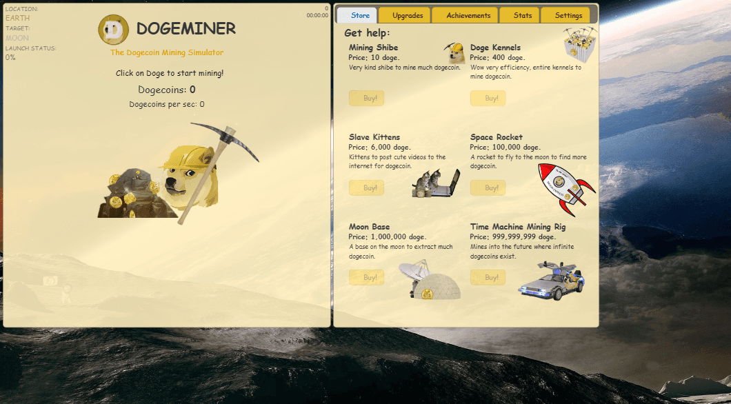 Doge Miner store with Mining Shibe, Doge Kennels, Slave Kittens, Space Rocket, Moon Base, and Time Machine Mining Rig upgrades