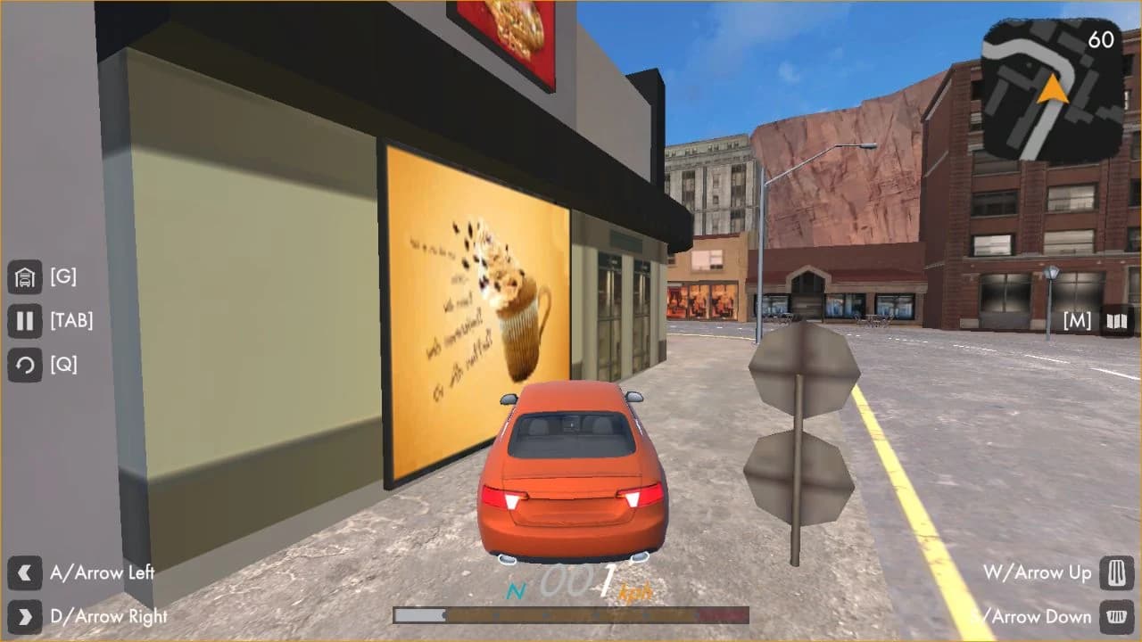 Hotgear Free Roam city start with orange car, minimap, and keyboard control prompts