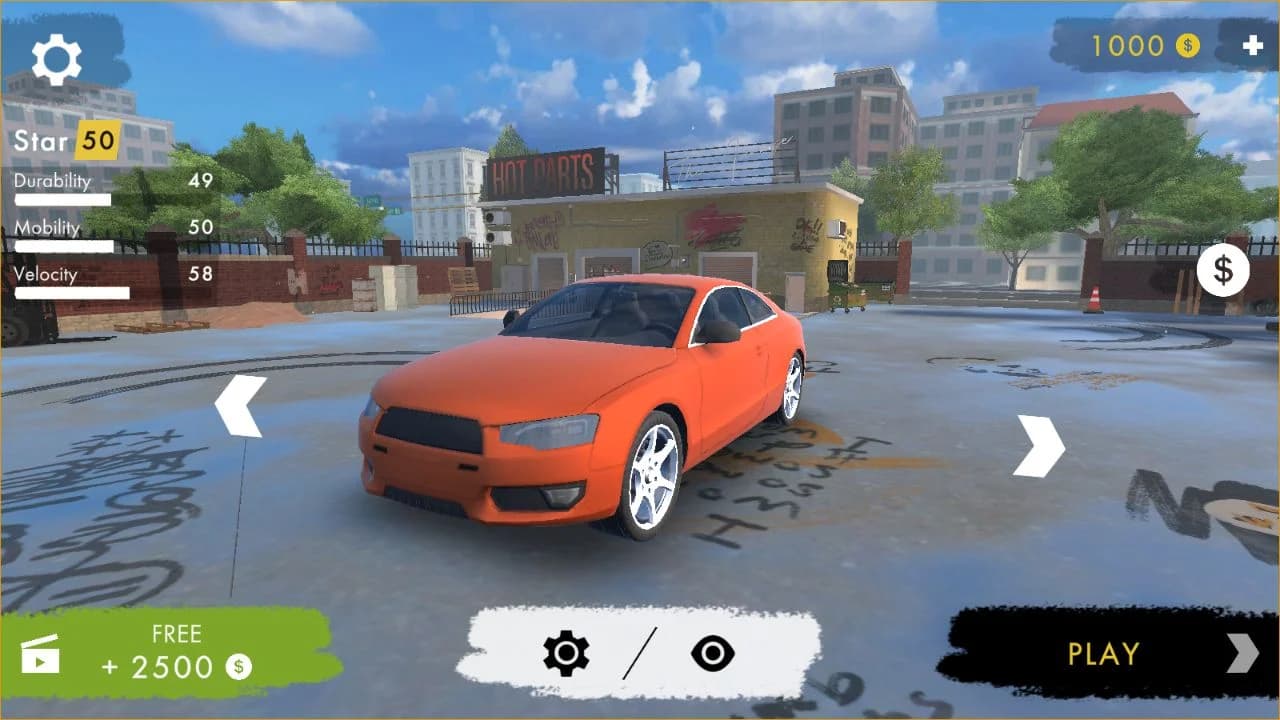 Hotgear garage screen with an orange car, vehicle statistics, Free reward, and Play button