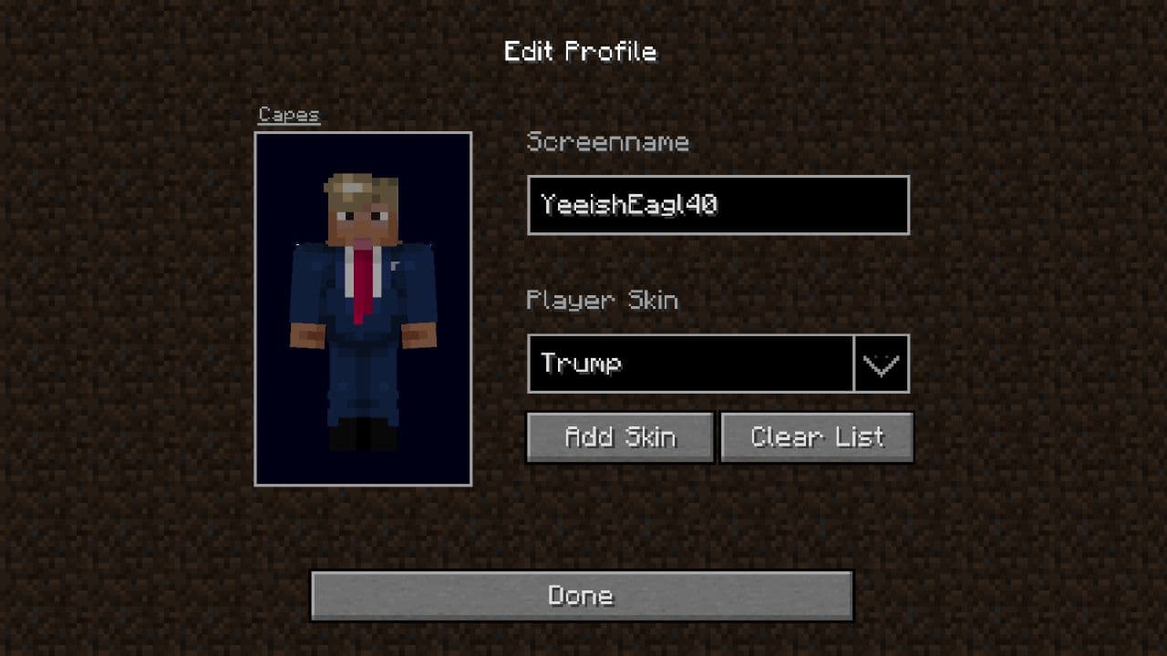 Minecraft 1.5.2 Eaglercraft Edit Profile screen with screen name and skin settings