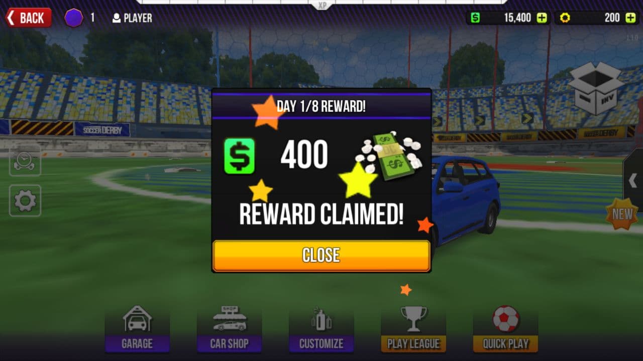 Rocket Soccer Derby local reward claimed screen showing 400 dollars and Reward Claimed