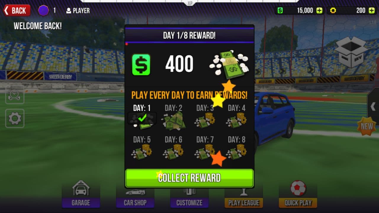 Rocket Soccer Derby local Day 1 of 8 reward screen showing 400 dollars and Collect Reward