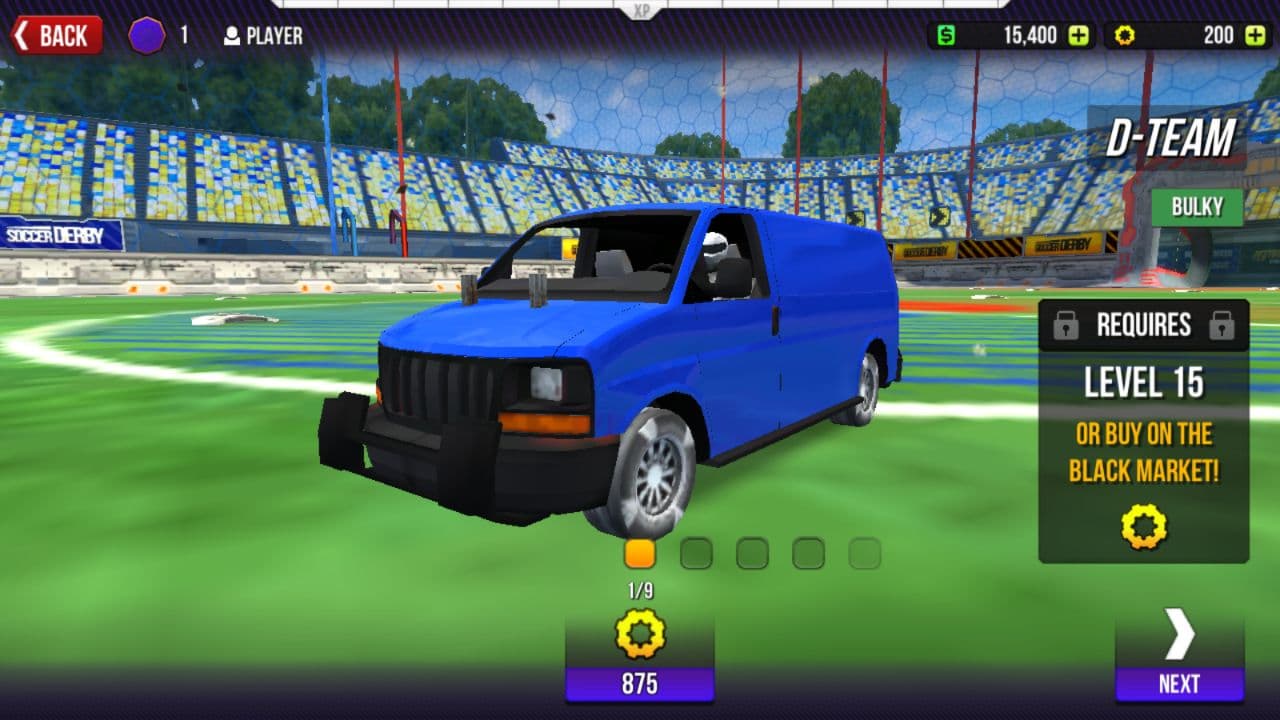 Rocket Soccer Derby local Car Shop screen showing a D-Team vehicle and level requirement