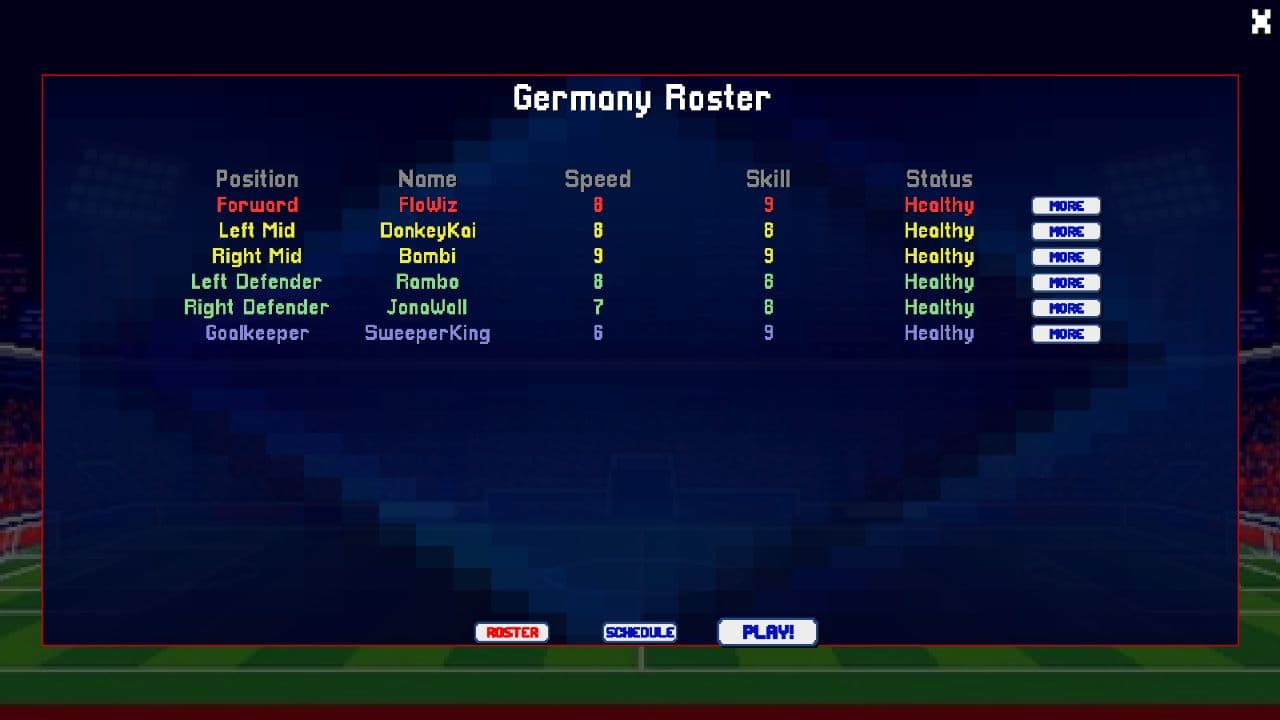Soccer Bros Germany roster with player positions and Speed Skill Toughness Defense and Goalie Skills