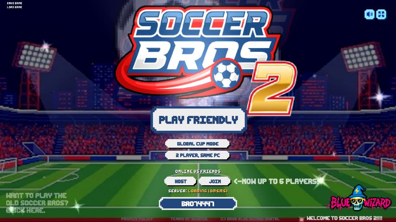 Soccer Bros 2 local main menu with Play Friendly, Global Cup Mode, and 2 Player Same PC
