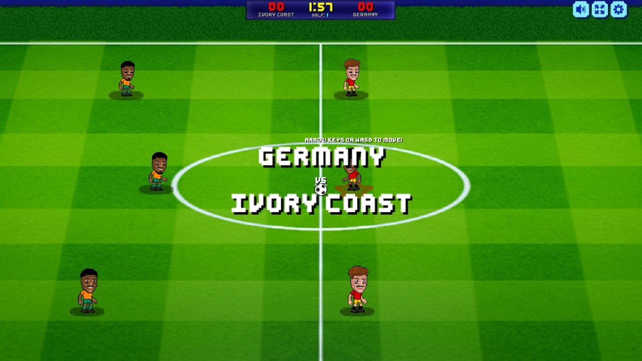 Soccer Bros local 6v6 match kickoff with Arrow Keys or WASD to move prompt