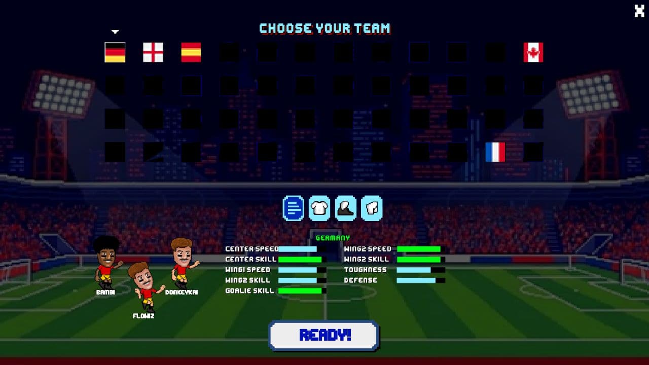 Soccer Bros Global Cup Mode national team selection screen