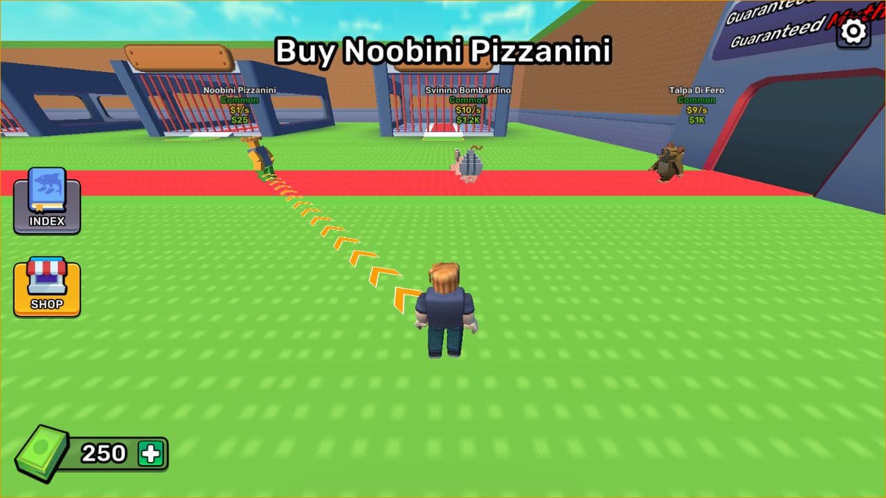 Steal a Brainrot local arena with the player, Index button, Shop button, and coin counter