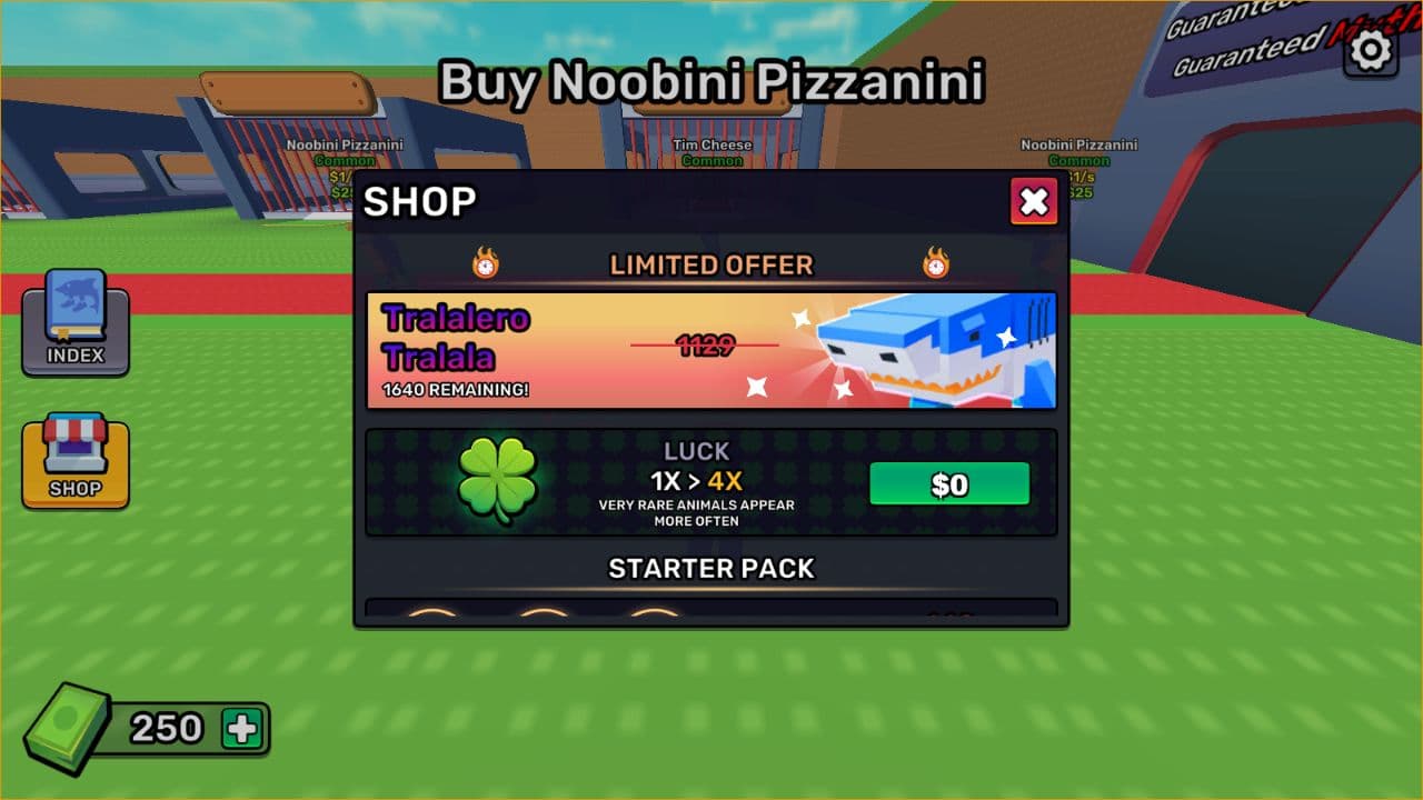 Steal a Brainrot local Shop showing a Luck offer with a green $0 button