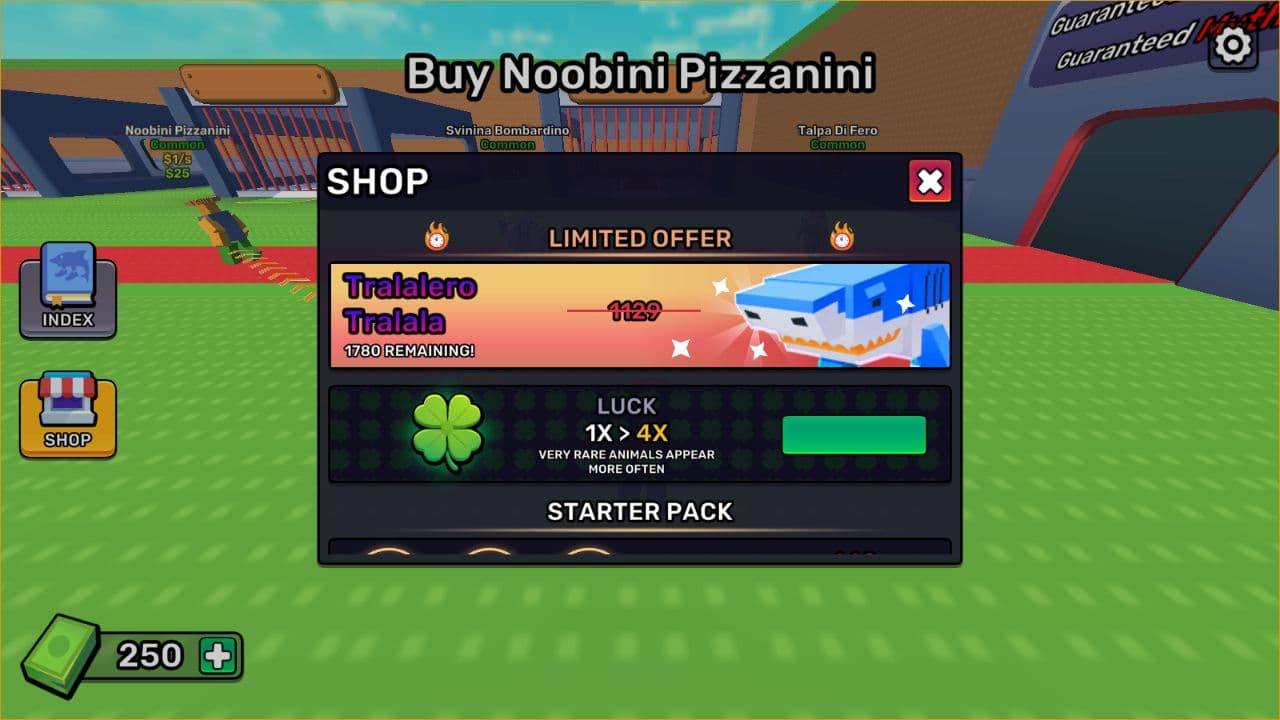 Steal a Brainrot local shop showing limited offer, luck, and starter pack sections