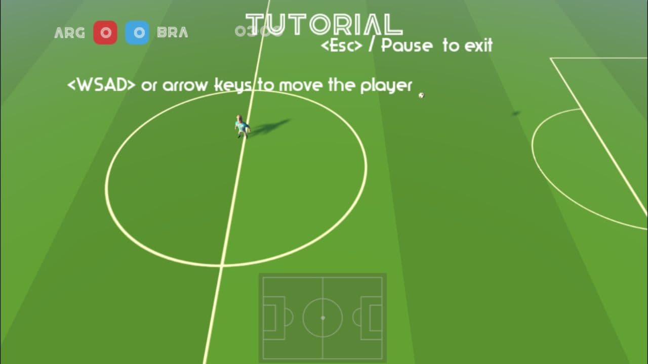 Super Liquid Soccer on-pitch tutorial showing WASD or arrow keys movement