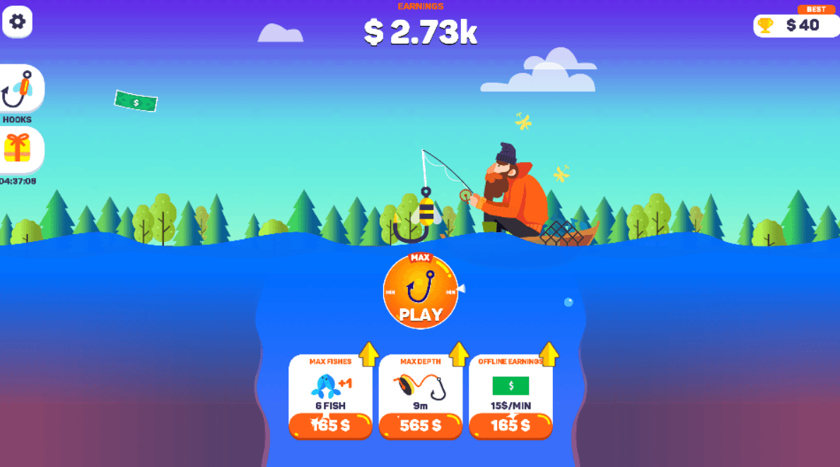 Tiny Fishing gameplay screen with PLAY button, upgrade shop, and HOOKS panel indicator