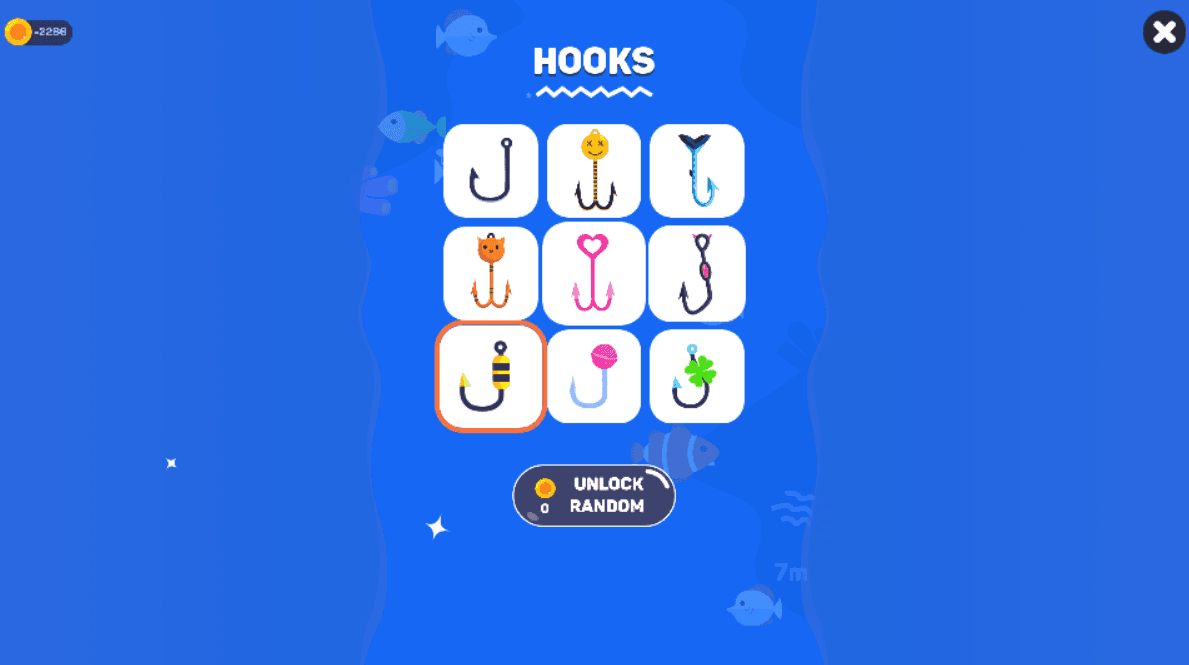 Tiny Fishing HOOKS panel showing Unlock Random button at 0 cost