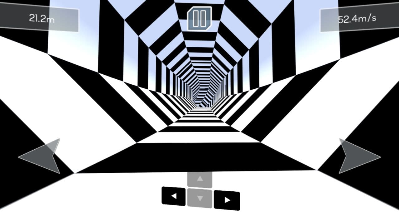 Tunnel Rush active run showing distance, speed, pause, and direction controls